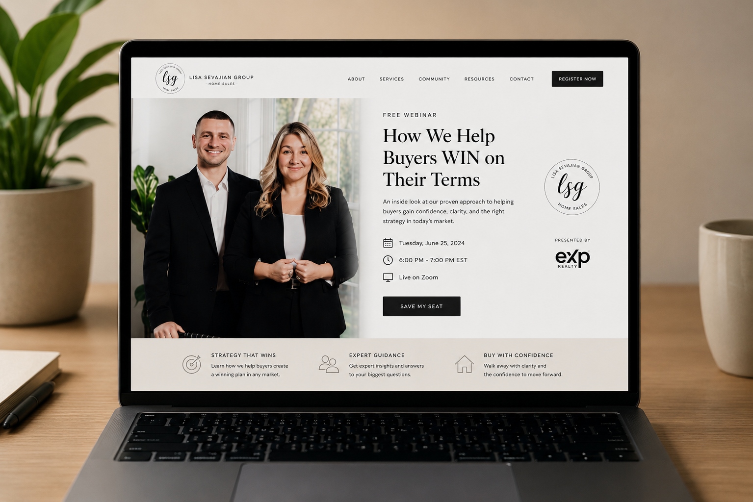 LSG free webinar landing page on a laptop: How We Help Buyers WIN on Their Terms