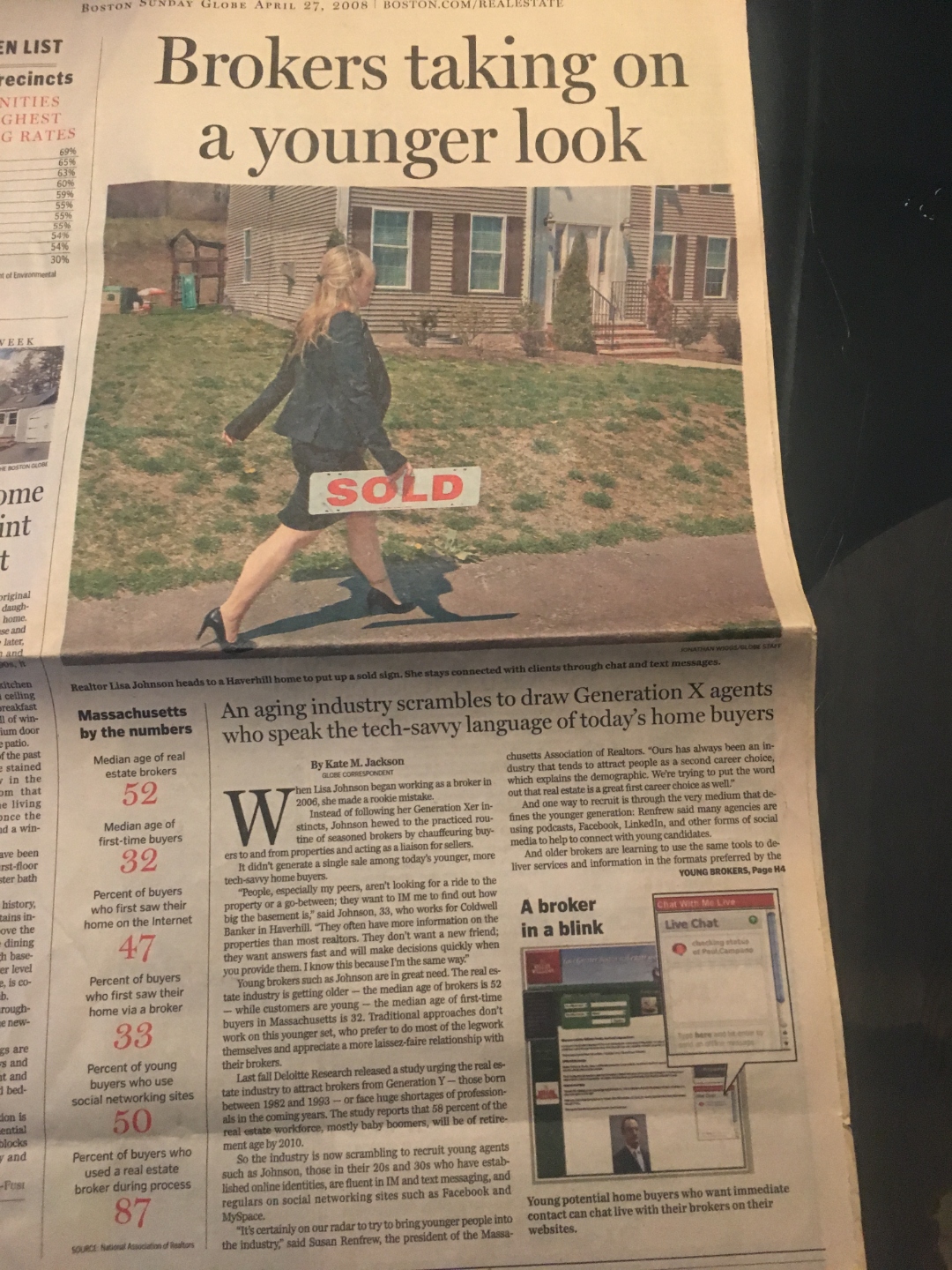 Boston Sunday Globe front-page real estate feature: Brokers taking on a younger look. Realtor Lisa Johnson with a SOLD sign, April 27 2008.